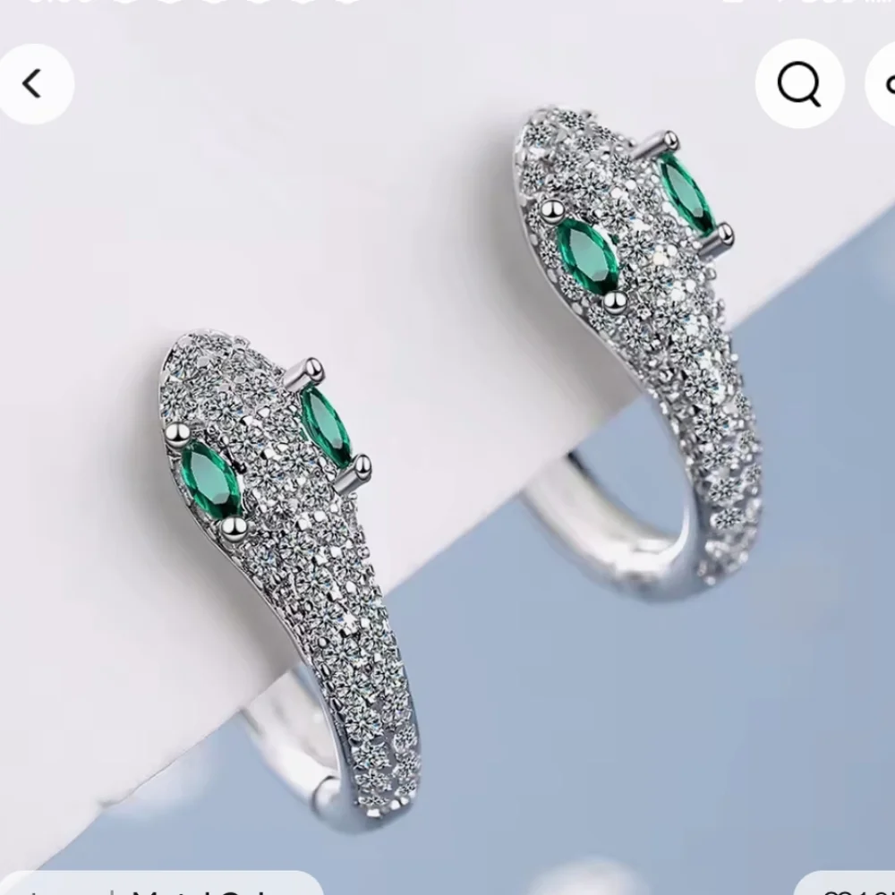 Silver rhinestone‎ snake hoop earrings with green stones in the eye size small S